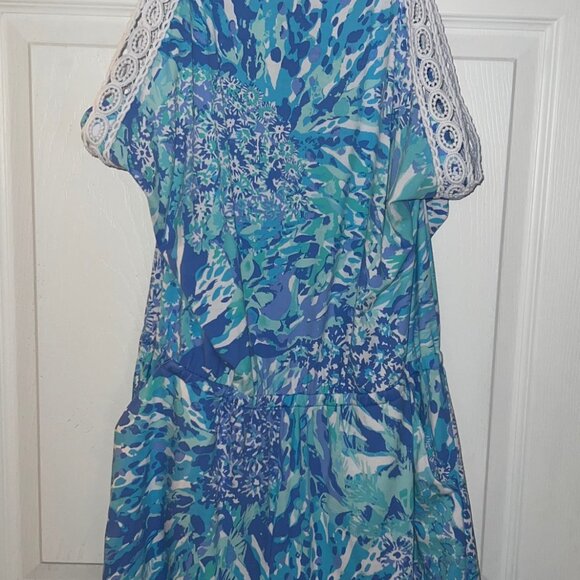Lilly Pulitzer Lala Lace Trimmed Halter Romper in Hey Hey Soleil Blue Size Large - Picture 3 of 5